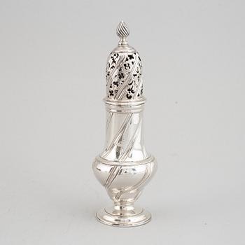 A set of three English 18th century silver sugar and spice casters, marked RP, London 1763.