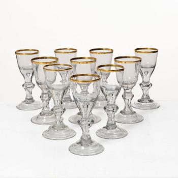 Ten Baroque style wine glasses, 20th Century.