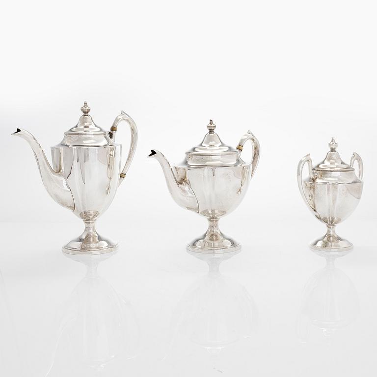 Kaffe- och teservis, 5 delar, silver, på försilvrad bricka, USA, sannolikt 1930-tal.