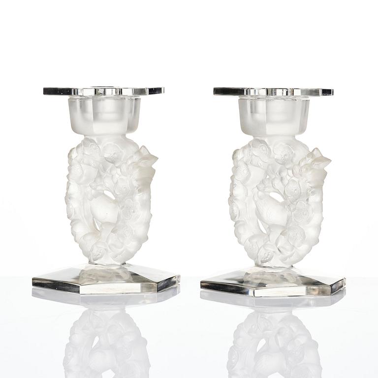 René Lalique, a pair of “Mésanges” cast glass candlesticks, France, post-1943.