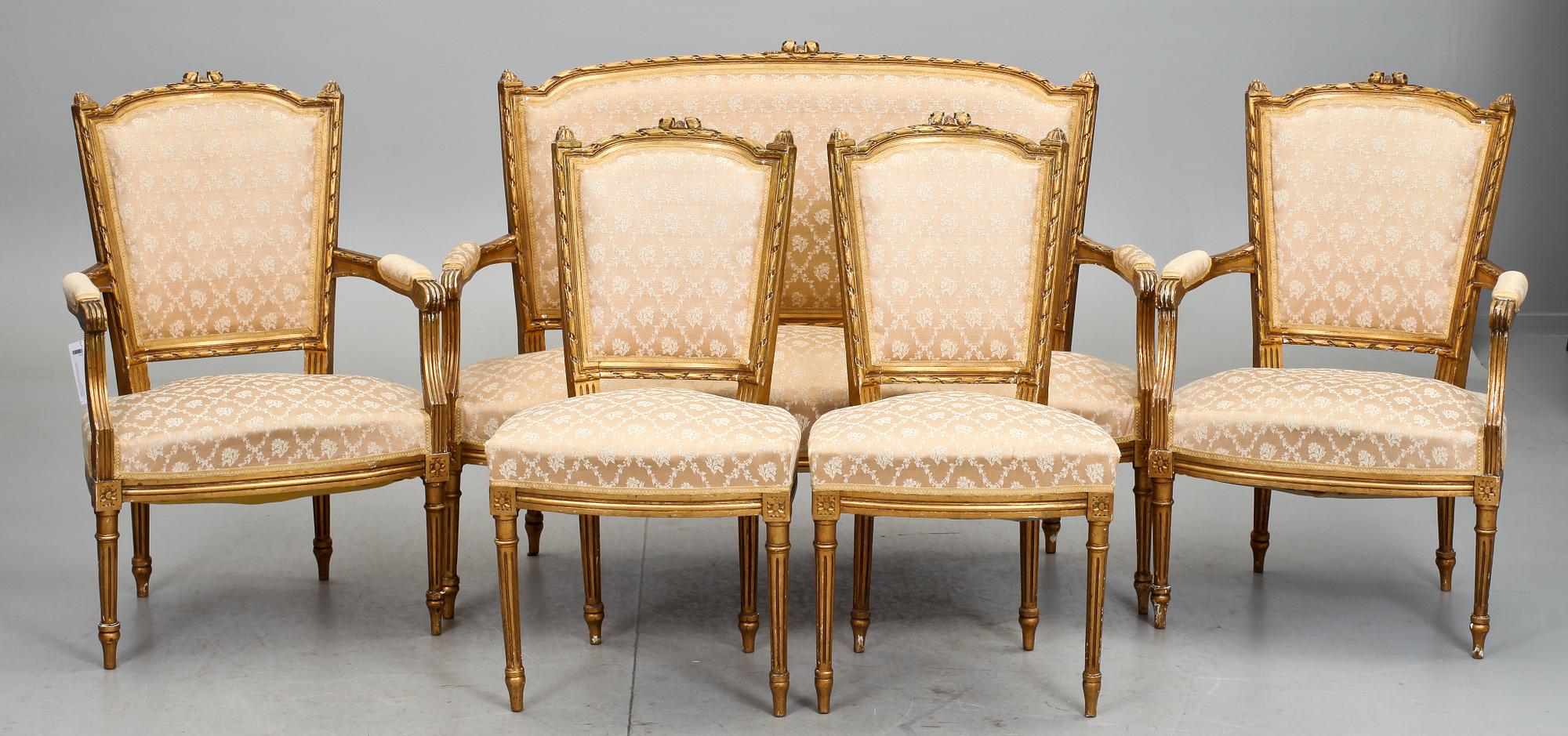 SALONGSMÖBLEMANG, 6 delar, Louis XVI-stil, 1900-talets första hälft.