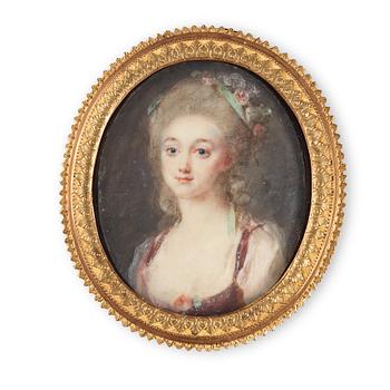 Peter Adolf Hall Tillskriven, Porträtt av ung dam i vinröd klänning.