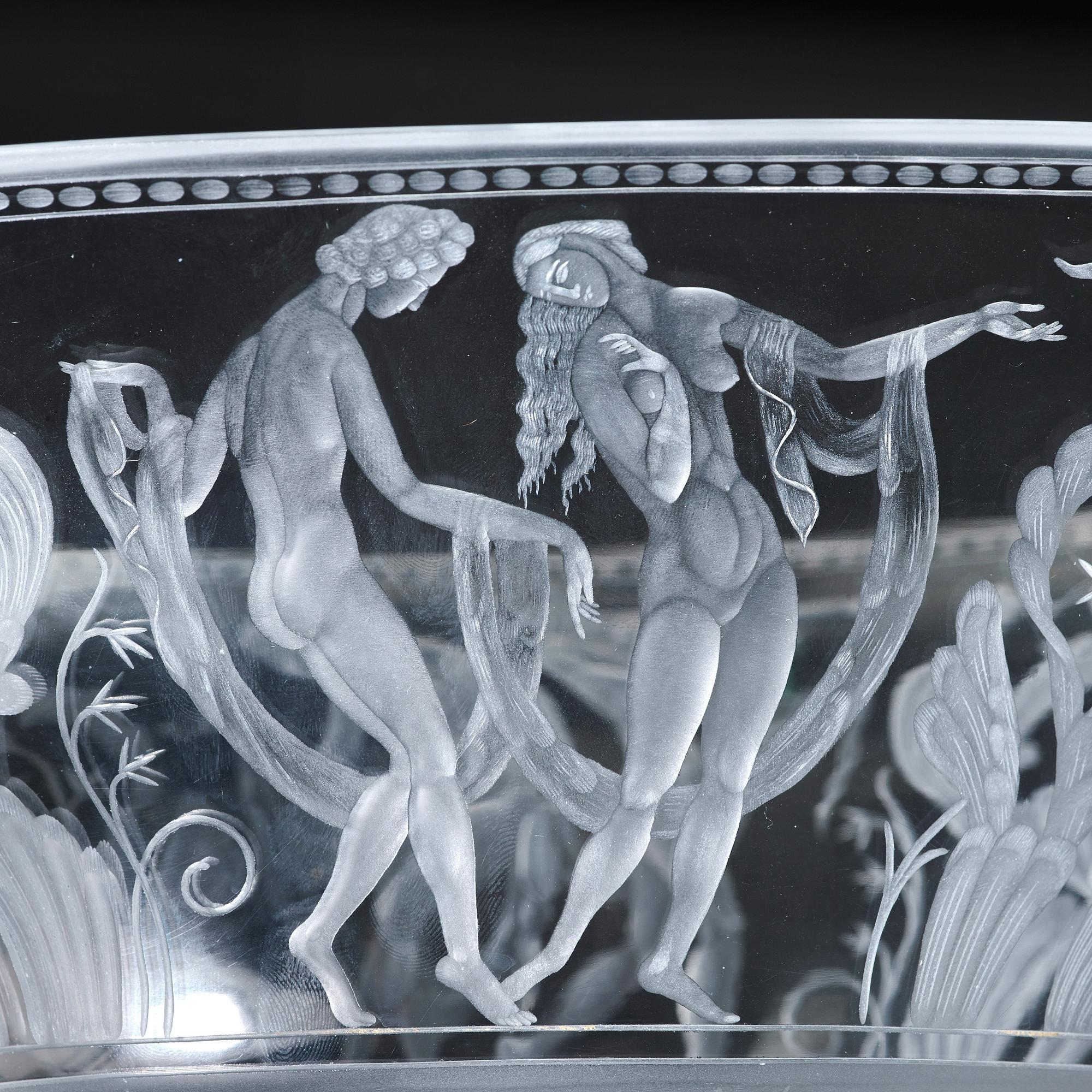 Simon Gate, an engraved glass bowl and stand, Orrefors, Sweden  1924, model 147.