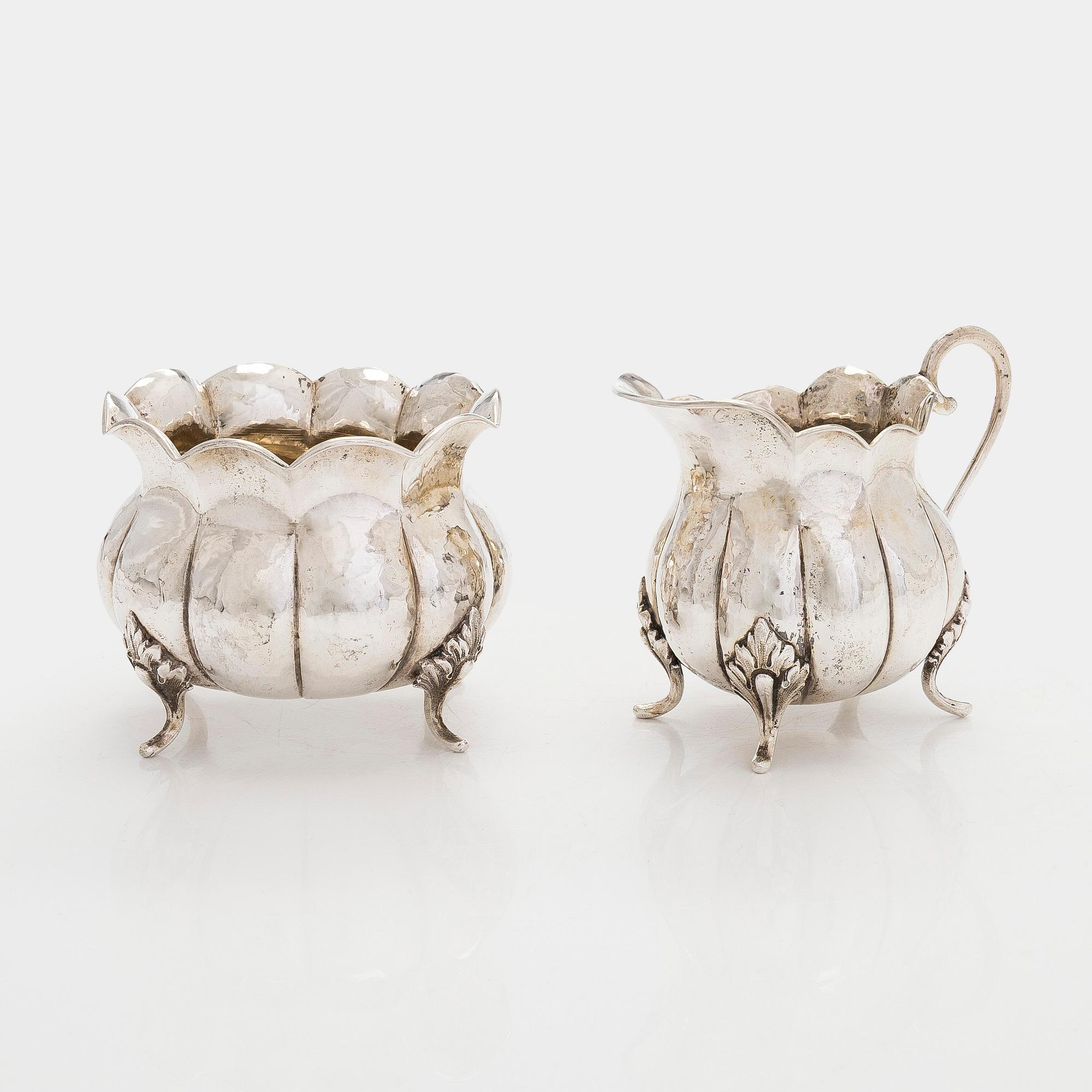 Silver cream jug and sugar bowl, possibly Germany, pseudo marks, import marked Hugo Grün, Helsinki 1931.