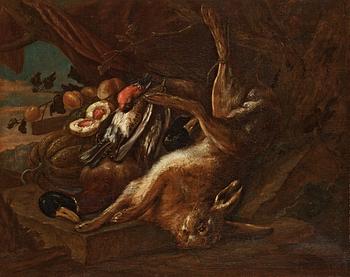 Adriaen de Gryeff, Still life with rabbit, duck and small birds.