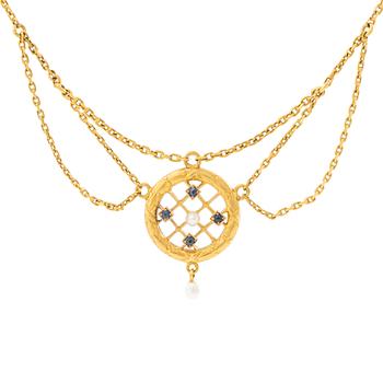 14K gold necklace with sapphires and seed pearls.