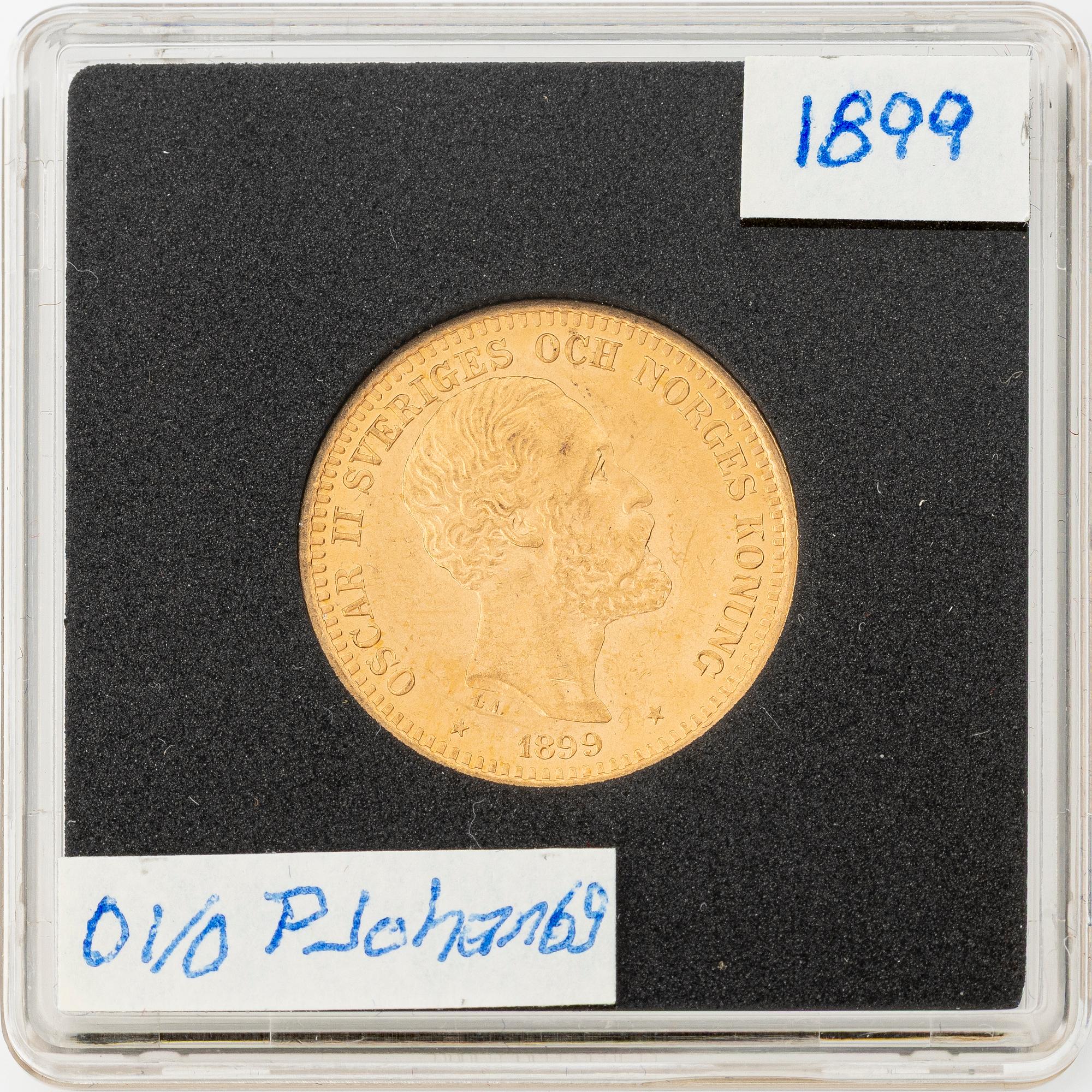 Guldmynt, Oscar II, 20 kronor, typ III, Sverige 1899.