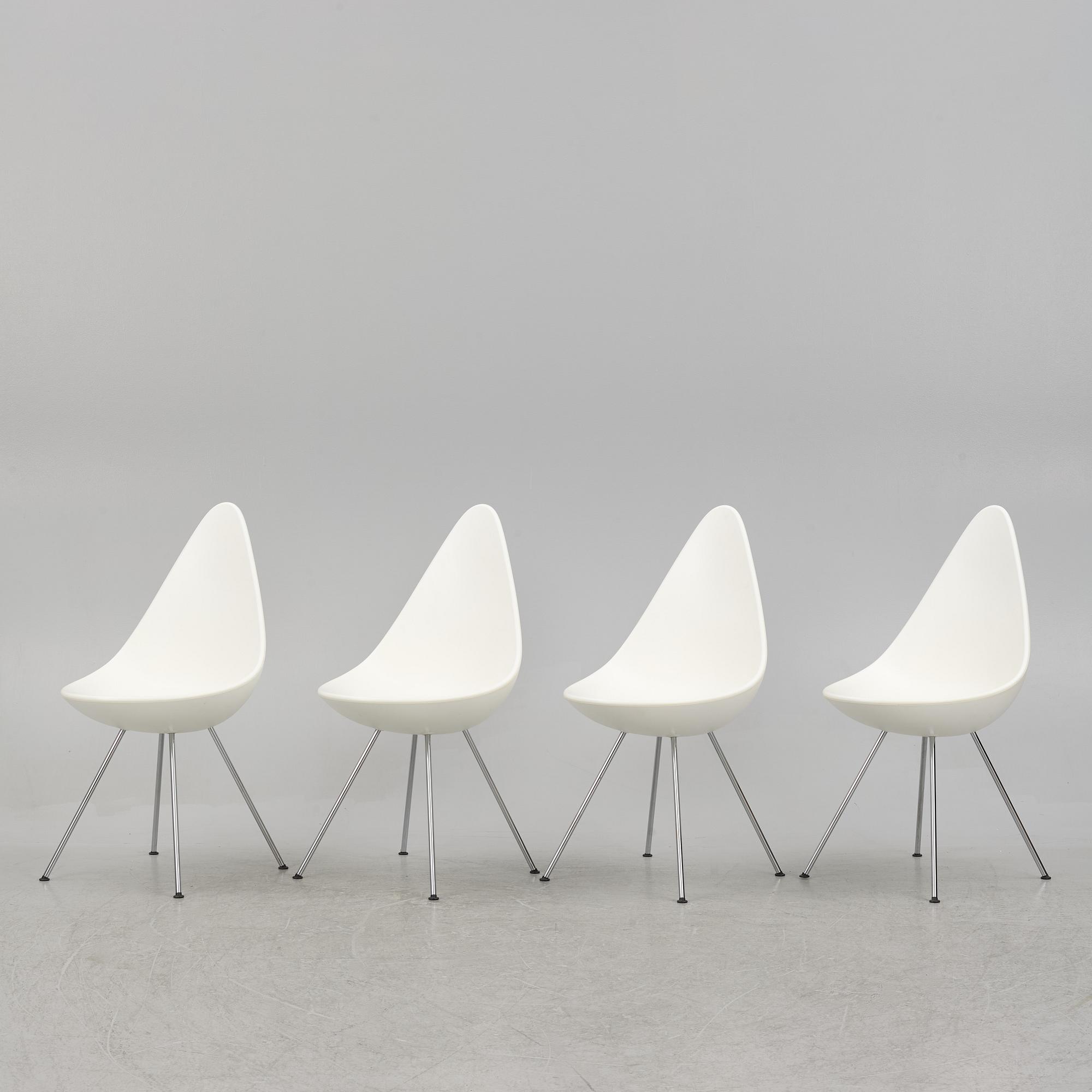 Arne Jacobsen, a set of four 'Drop' chiars, Fritz Hansen, Denmark 2019.