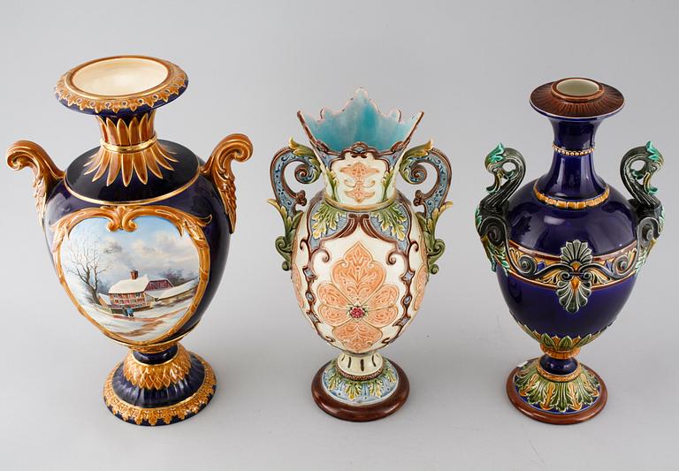 Three majolica vases from Rörstrand and Gustavsberg, around the turn of the century 1900.