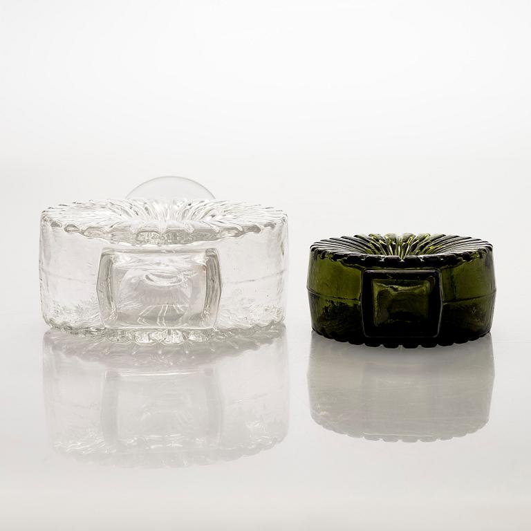 Helena Tynell, two glass 'Sun bottle' bottles for Riihimäen Lasi Oy. In production 1964-1974.