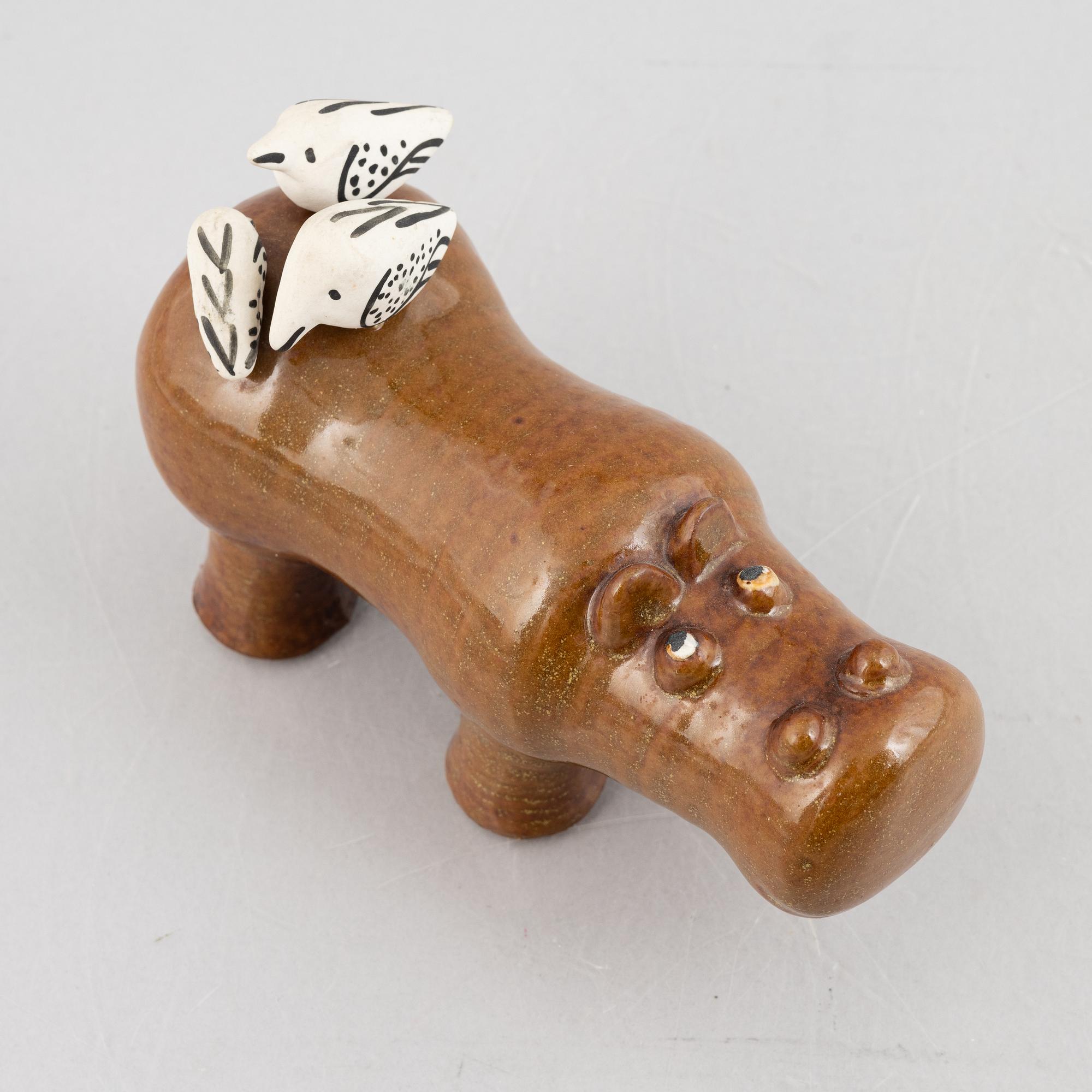 Lisa Larson, a 'Flodhäst med fåglar' (Hippo with Birds) figurine, Gustavsberg, 1966-70.