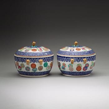 A pair of famille rose and blue enamel tureens with covers, late Qing dynasty.