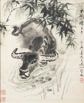 Cai Xiaoting, watercolour, Water buffalo, later part of the 20th century.