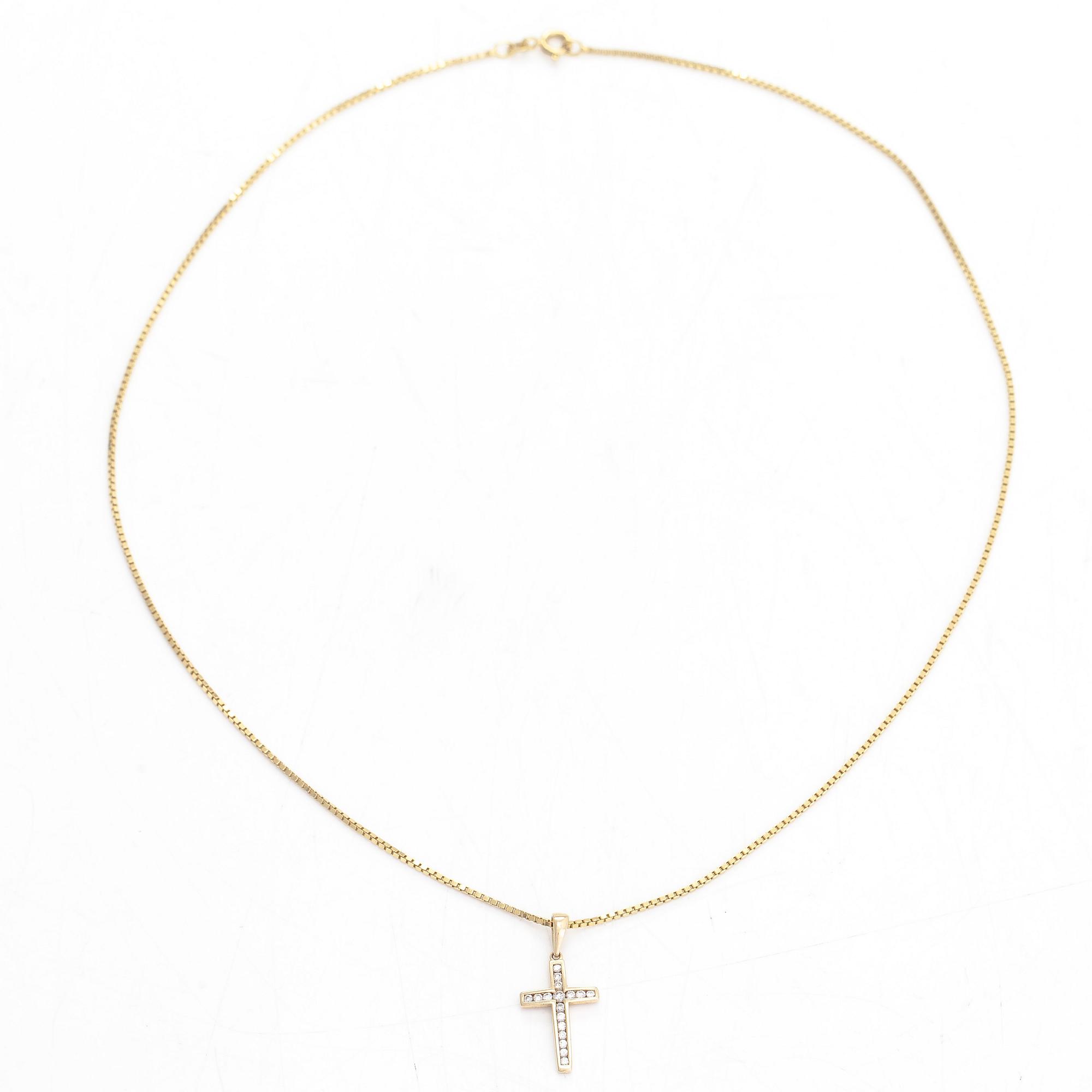 Halsband/ hänge, kors, 14K guld med diamanter tot. ca 0.19 ct.