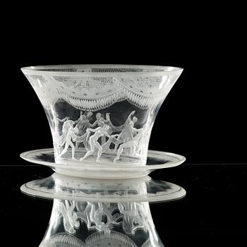 Simon Gate, a 'Slöjdansen' glass bowl with stand, Orrefors, Sweden 1926.