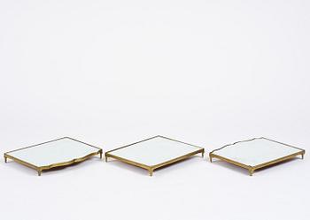 A Gustavian three-piece brass and glass surtout de table, Stockholm, later part 18th century.