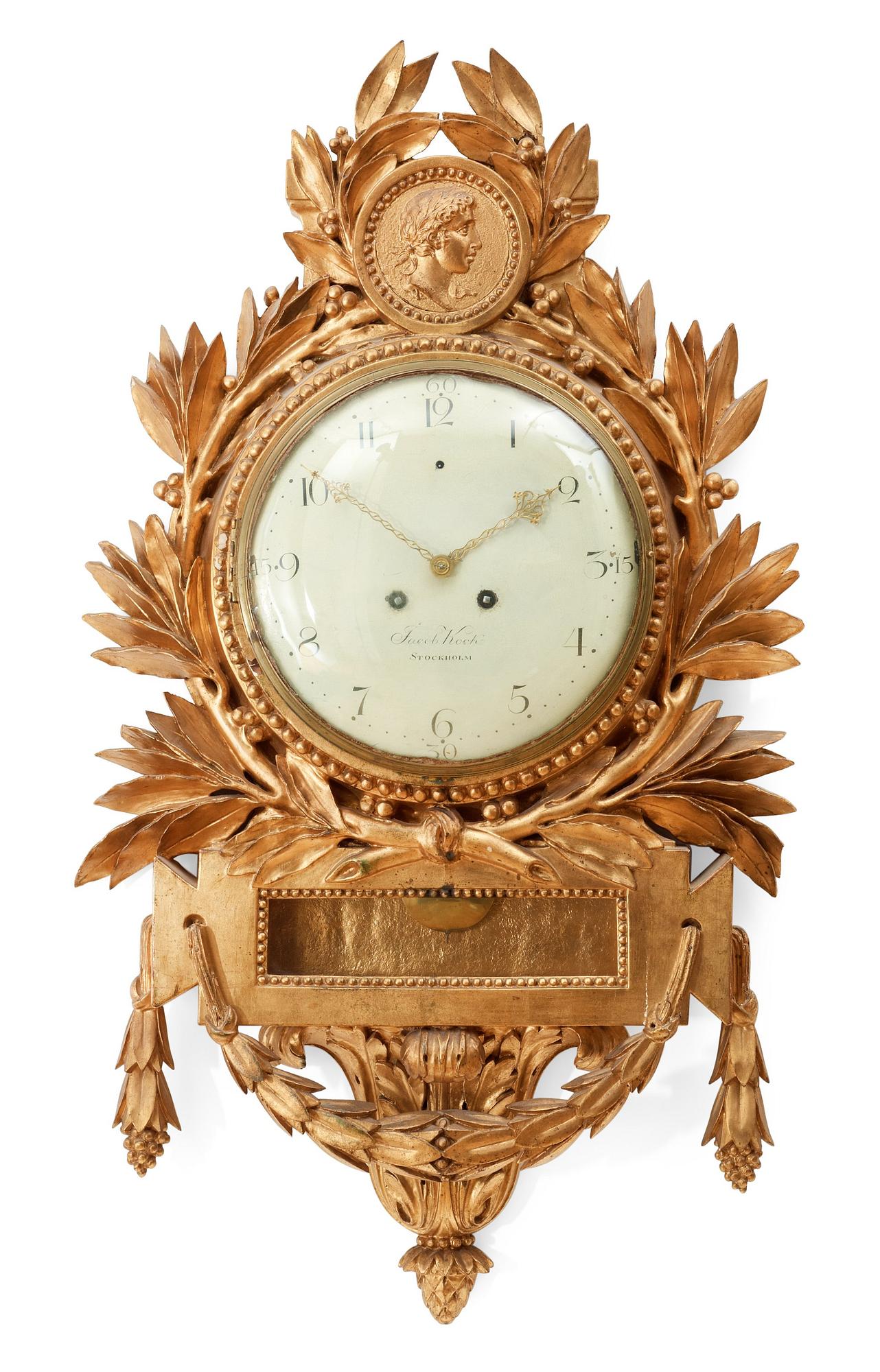 VÄGGPENDYL, av Jacob Koch (verksam i Stockholm från 1762, död 1805). Gustaviansk.