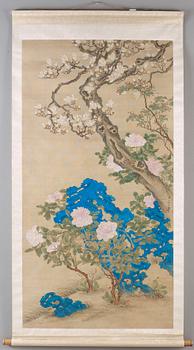 A large hanging scroll of flowering magnolias and peonies, by an unidentified artist, late Qing dynasty (1644-1912).