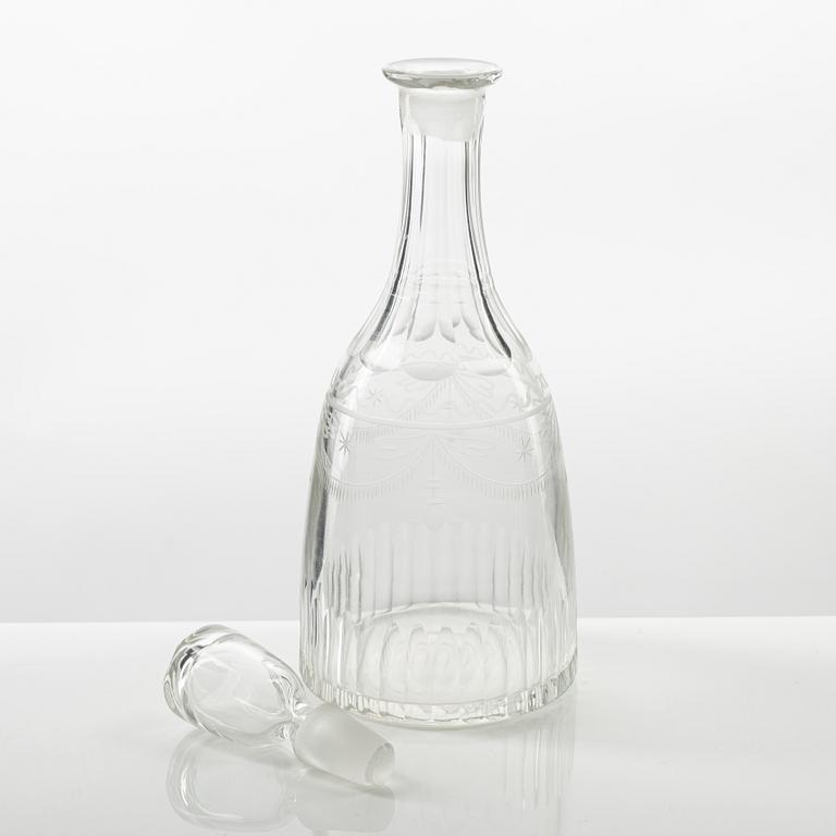 A set of six engraved glasses and one decanter, possibly Strömbäcks or Reijmyre, early 19th Century.