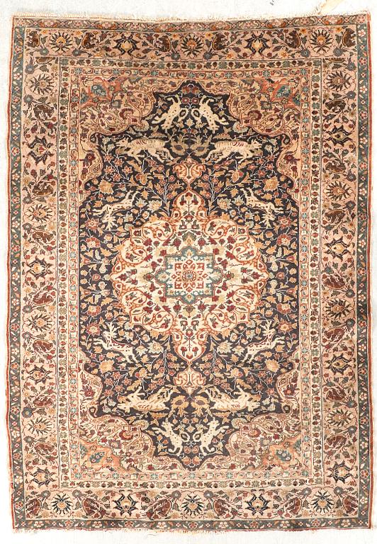 A semiantique Turkish silk carpet ca 166x128 cm.