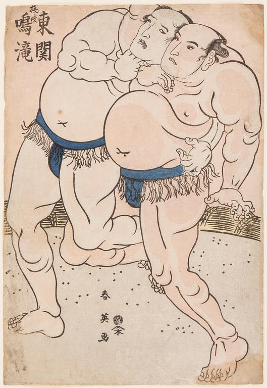 KATSUKAWA SHUNEI (1762-1819), two color woodblock prints. Japan, 1790's. 'Sumo Wrestlers'.