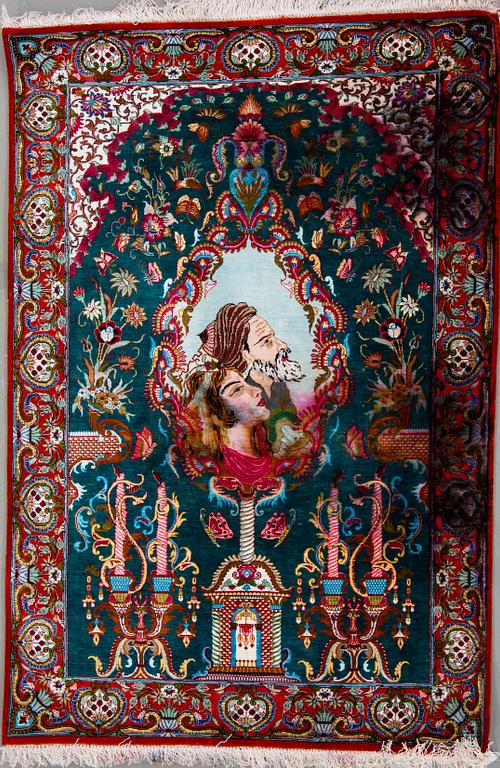 An oriental silk rug, around 120 x 82 cm.