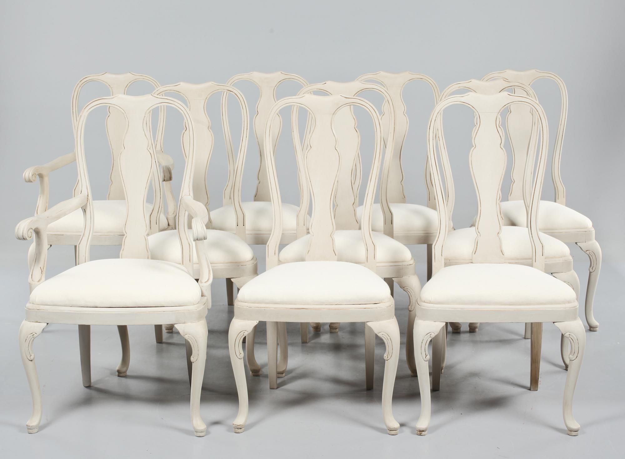 STOLAR, 8 st, samt KARMSTOLAR, 2 st, rokokostil, 1900-tal.