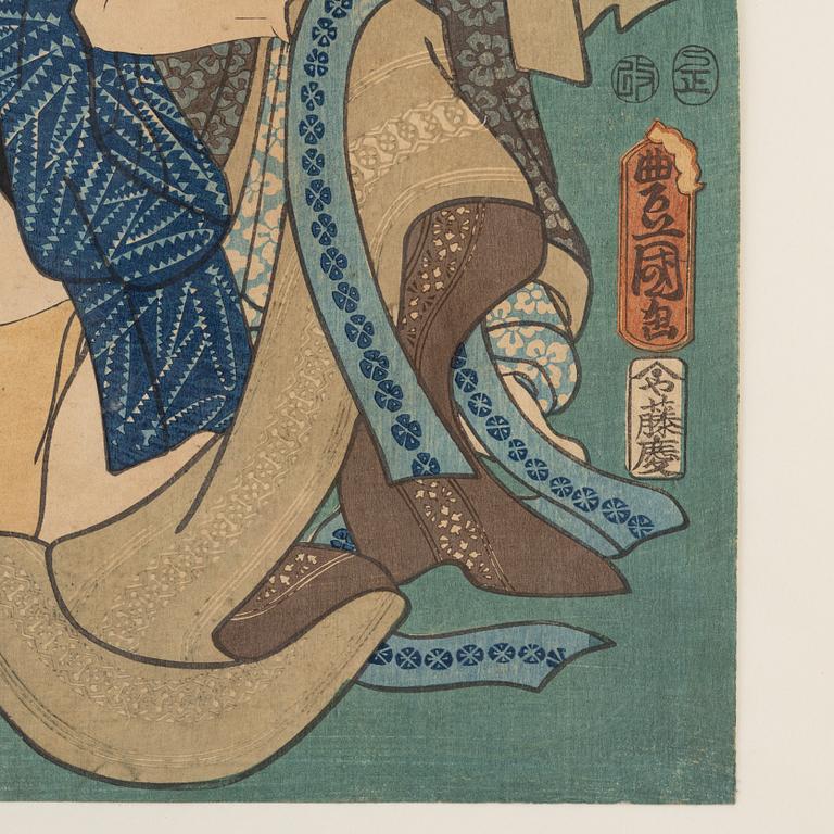 Utagawa Kunisada, tre träsnitt samt Utagawa Kuniyoshi, träsnitt.