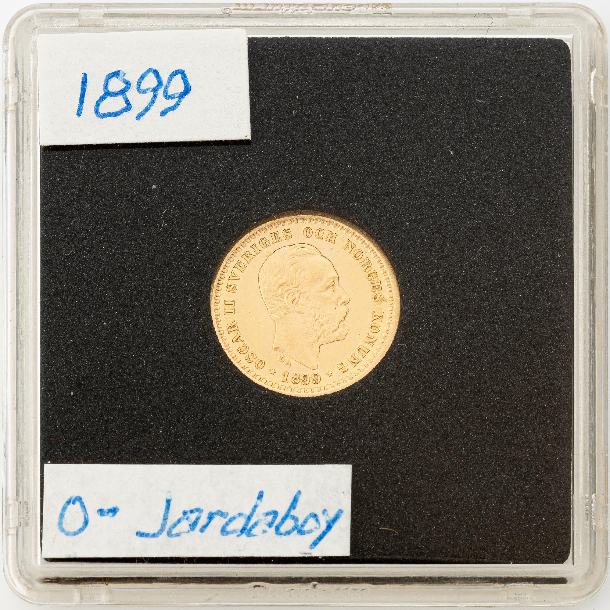 Guldmynt, Oscar II, 5 kronor, typ I, Sverige 1899.