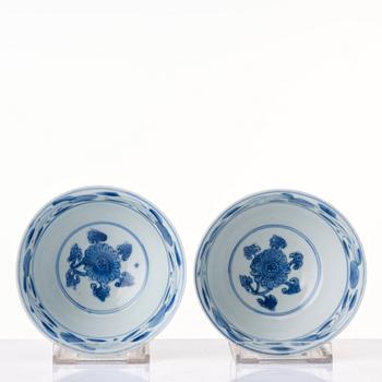 A pair of blue and whtie bowls, Ming dynasty, Wanli 17th Century with Chenghua mark.