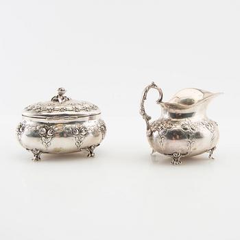 Sugar bowl, cream jug, tray and sugar tongs, 5 dlr silver, Swedish import marks, Rococo style.