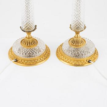A pair of Empire-style glass and cut glass table lamps, late 20th century.