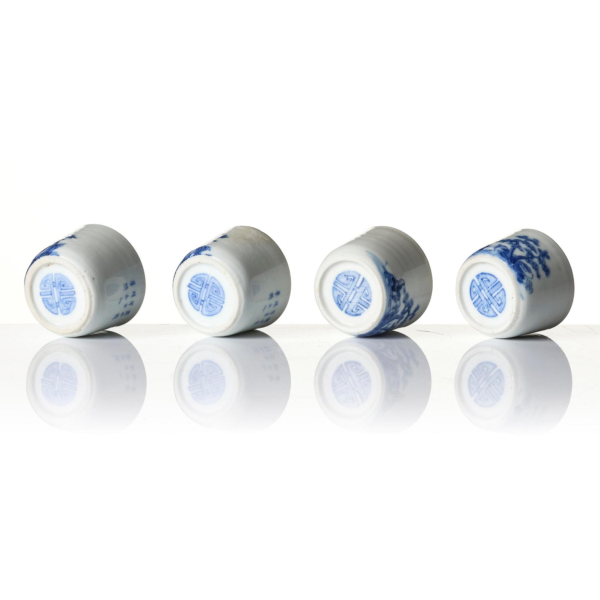 A set of five blue and white cups and a saucer, Qing dynasty, 19th century for the Vietnamese market.