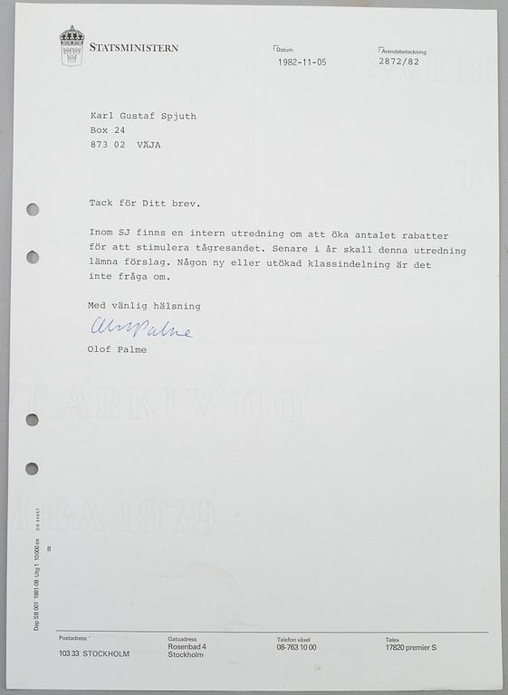 OLOF PALME. 18 hand signed letters dated September 1982-February 1986.