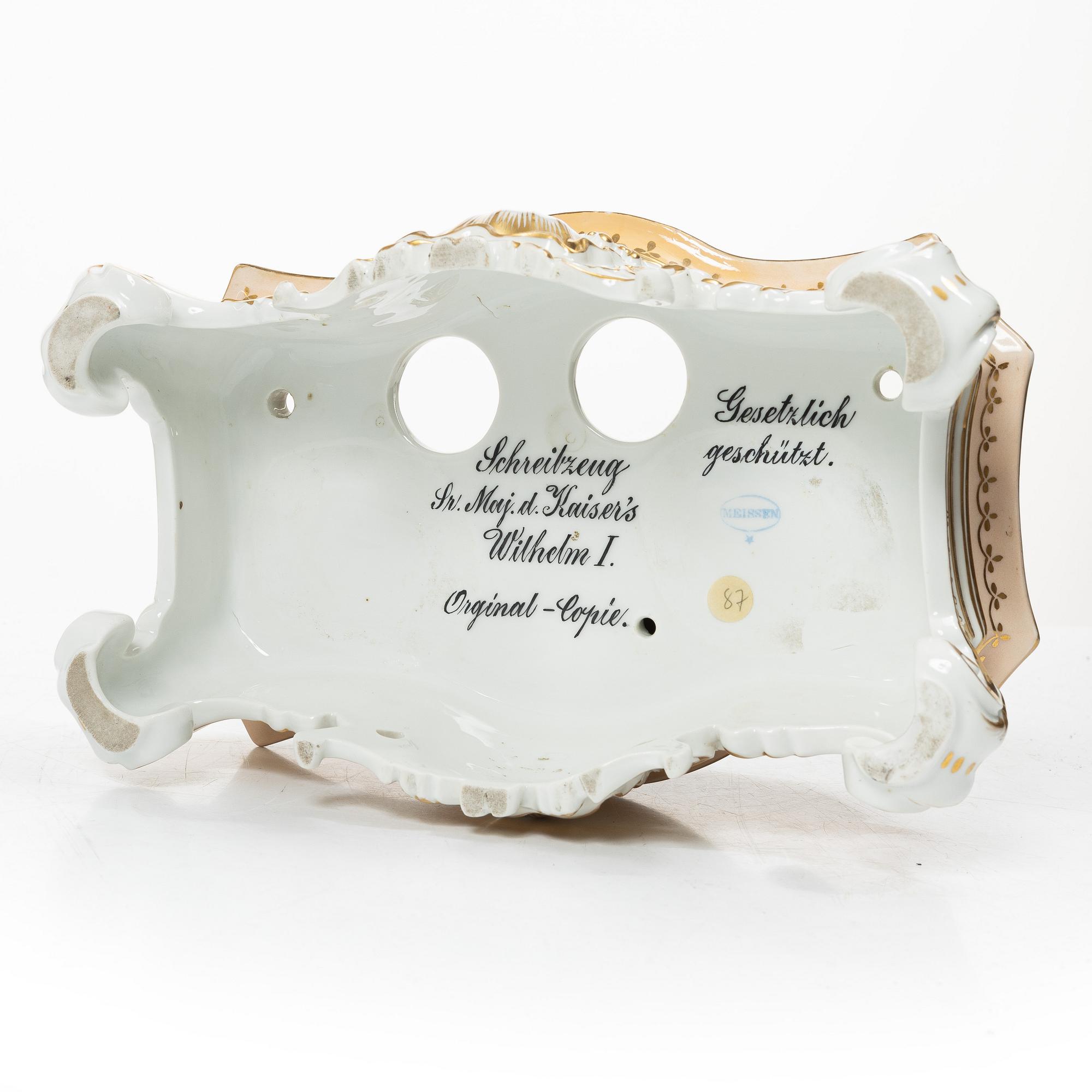 A German Carl Teichert Meissenstadt porcelain desk stand, 1882-1929.