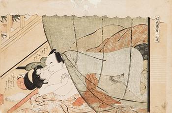 Katsukawa Shunchō, Two woodcuts in colours by Katsukawa Shunsho (1726-1792), Shunga.