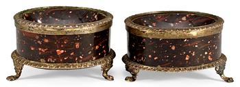 1008. A pair of porphyry and silver salts by C.G. Snak, Stockholm 1844.