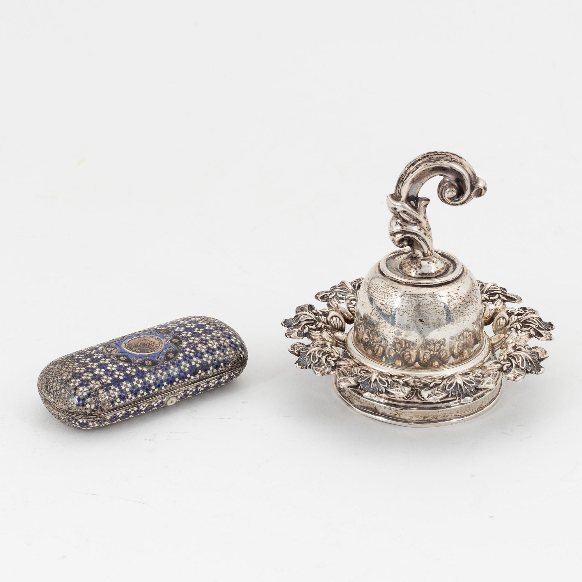 A silver table bell and a box, including Vienna 1830.