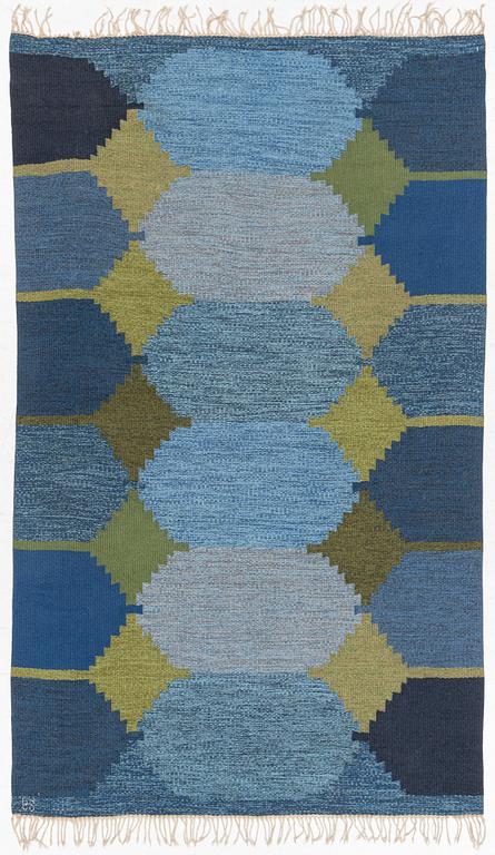 A flat weave carpet, c. 252 x 153 cm signed BS.