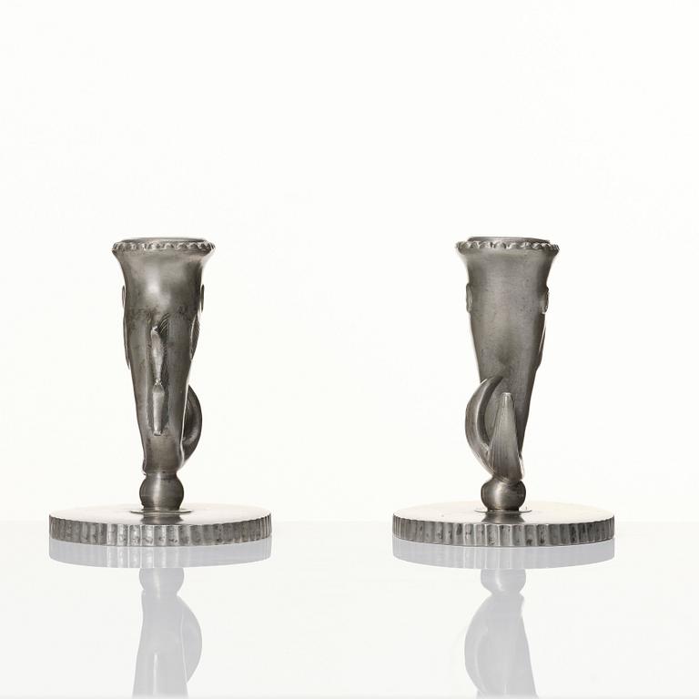 Carl Milles, two pewter candlesticks, Herman Bergman AB, Stockholm 1927 and 1930.