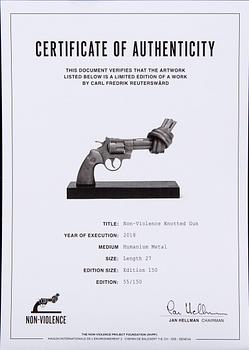 Carl-Fredrik Reuterswärd/ The Non-Violence Project Foundation, a signed and numbered sculpture 55/150 in humanium metal.