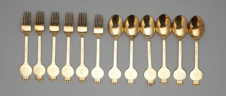 BESTICK, 6+6, förgylld sterling silver, stämplade A. Michelsen, Egil Jensen, Danmark. Tot. vikt ca 575,0 g.