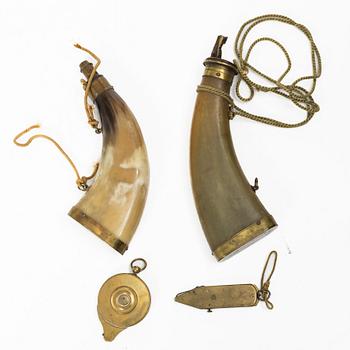 Two percussion cap containers 199th century, and two powder horns.