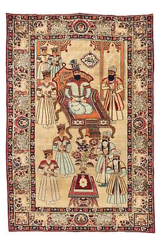 260. A rug, an antique Kerman Laver figural, ca 204-205 x 138,5-139 cm (as well as ca 0,5 cm flat weave at the the ends).