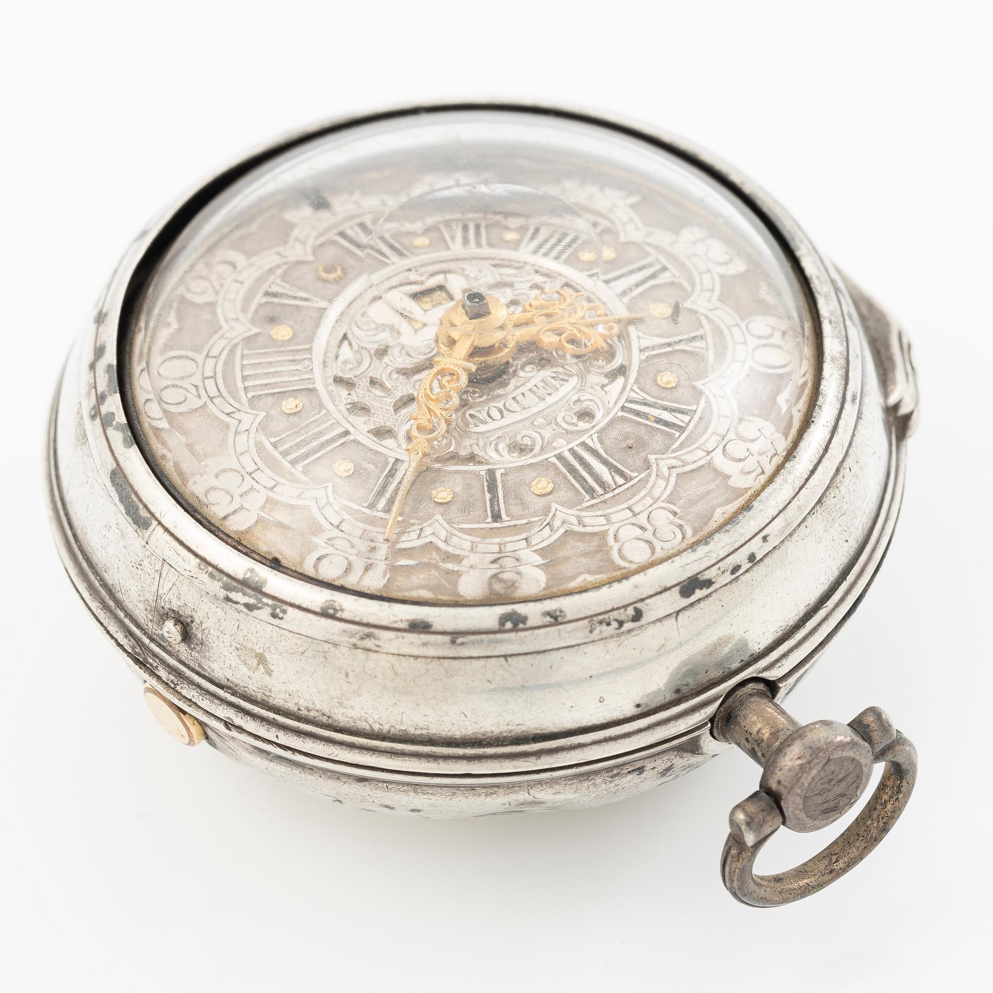 A double-case silver pocket watch by Sam Weldon (watchmaker in London, fl. ca 1740-80).