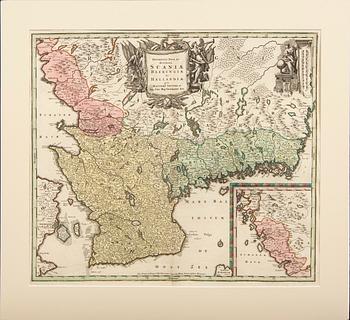 Matthias Seutter, map Skåne etc, colored copper engraving, c 1740.