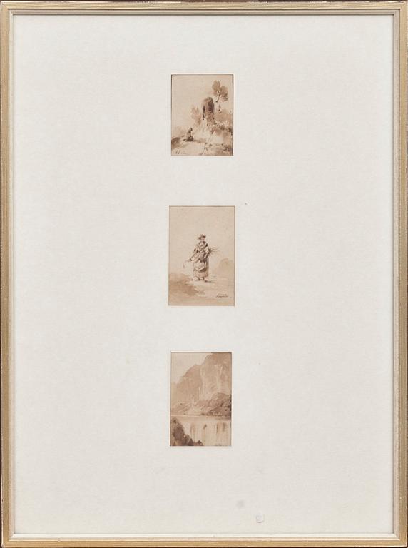 OKÄND KONSTNÄR, 3 st, tuschlaveringar, 1700/1800-tal, signerade.