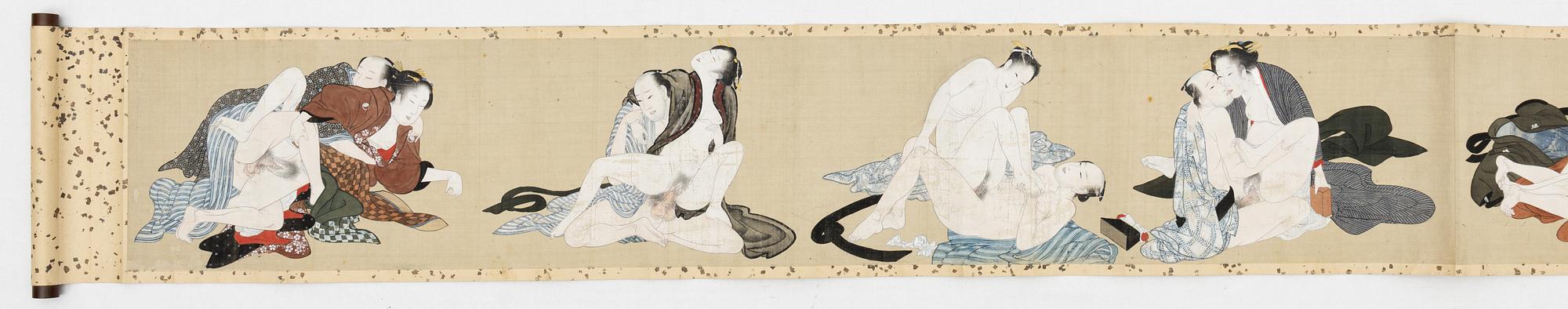 Makimono/a scroll painting, shunga, ink and colour on silk, Japan, 19th century.