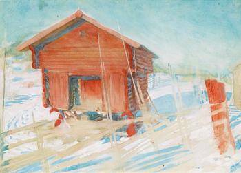 Carl Larsson, "Härbre i vintersol" (Outhouse in winter sun).
