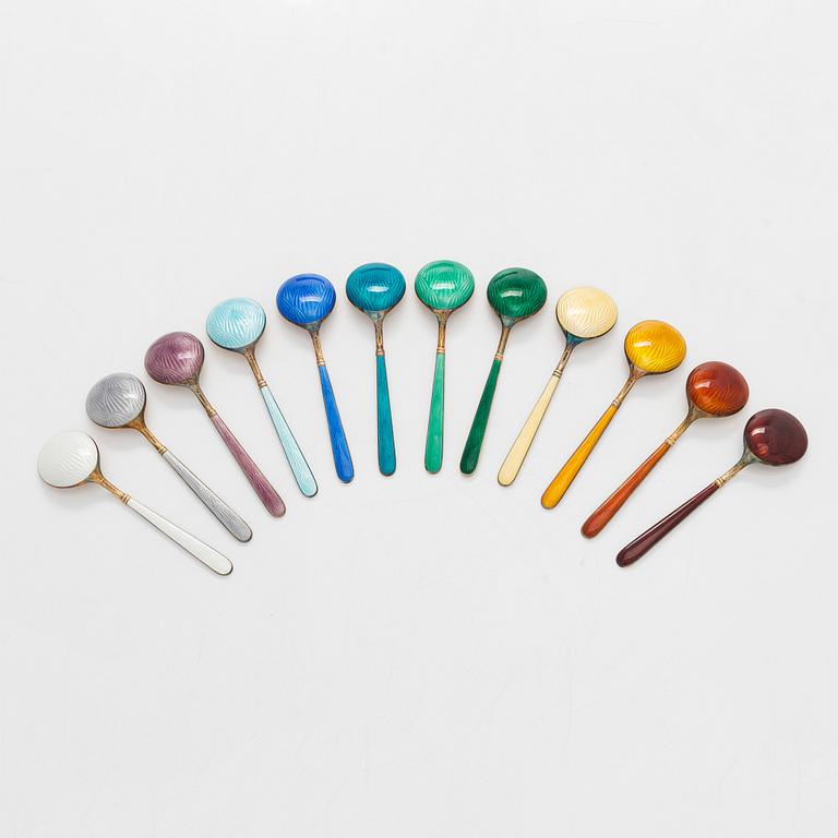 Tillander, glasskedar, 12 st, emalj, förgyllt silver, Helsingfors 1966. I originalask.